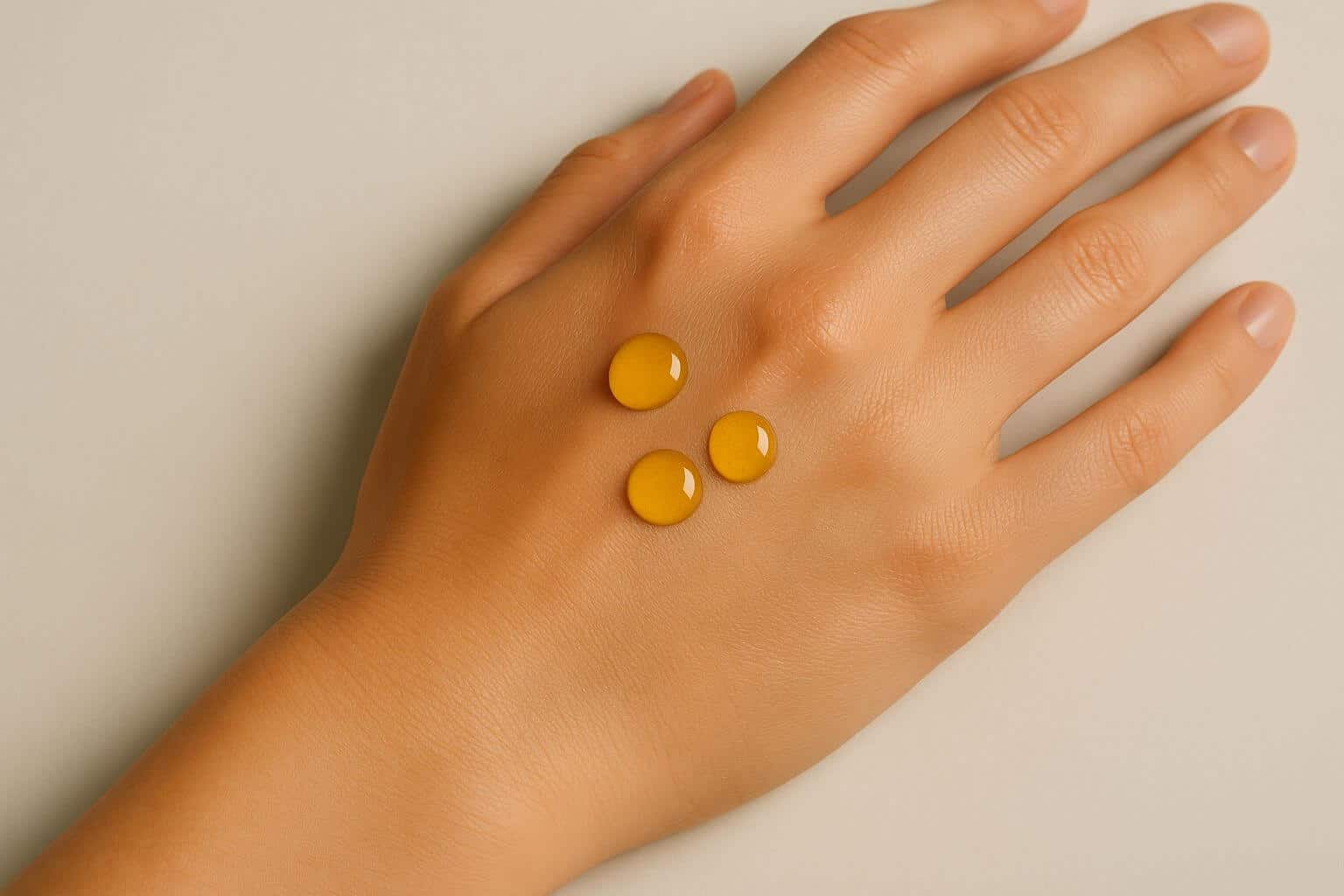 Tre gocce di olio extravergine su una mano, simbolo dell'elisir di lunga vita