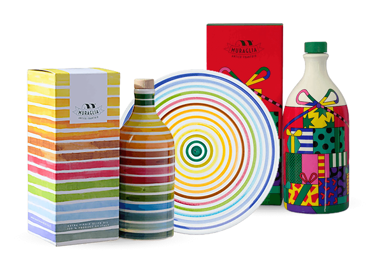 Confezioni regalo e bottiglie di olio extravergine Frantoio Muraglia dai decori colorati