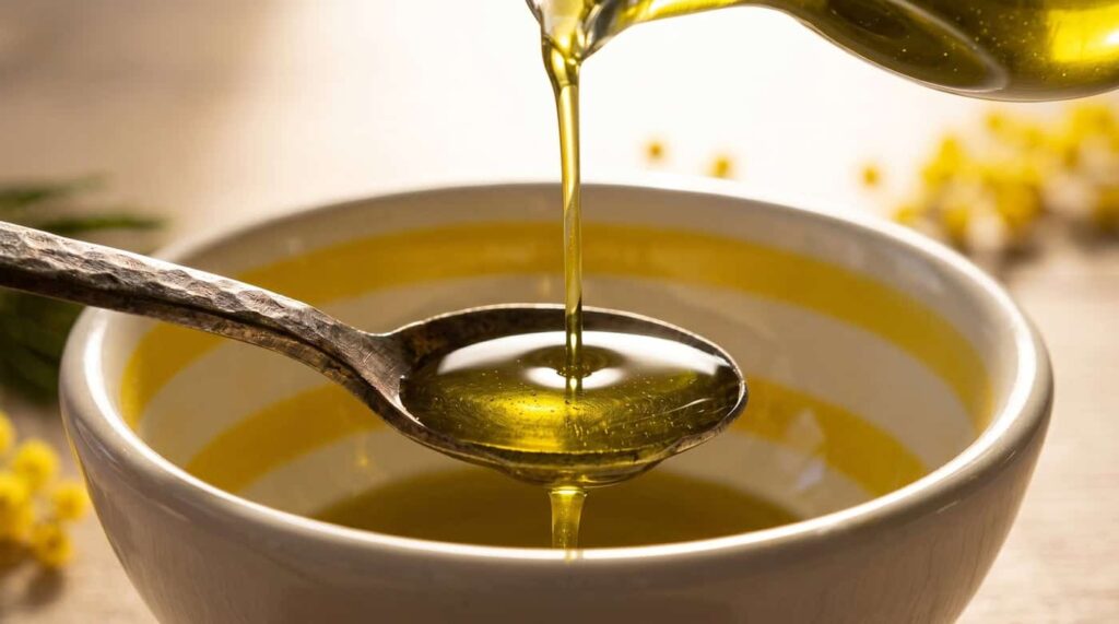 Dettaglio di olio extravergine di oliva versato su un cucchiaio, colore verde oro intenso